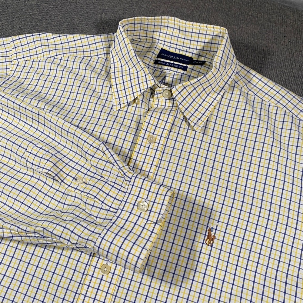 Ralph Lauren Golf Shirt Men 2XL Yellow Blue Check Classic Button Down Flesh Pony